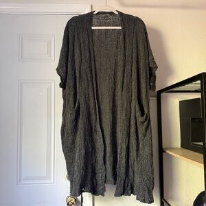CHALET ET CECI grey open crochet‎ knit long line short sleeve cardigan sweater